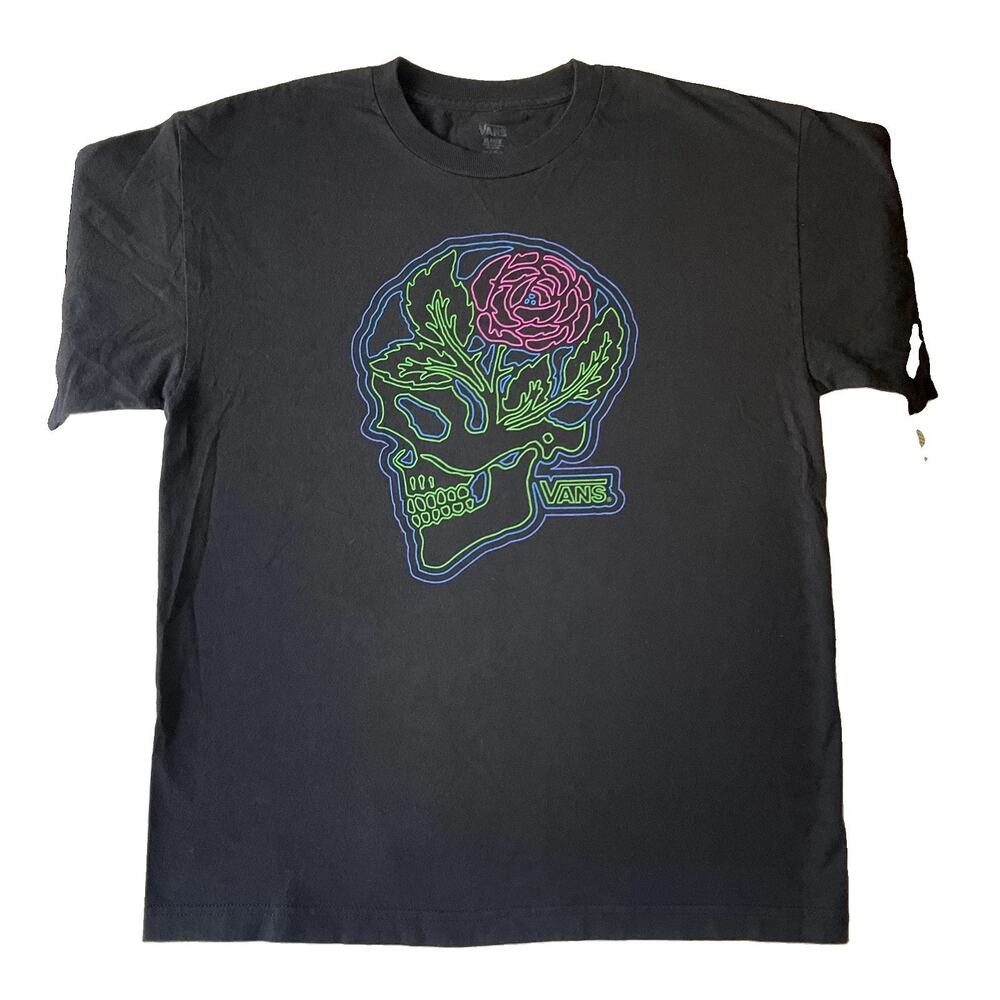 Vans Men Shirt XL Black Graphic Print Skull Rose Flower Tee Logo Short Sleeve